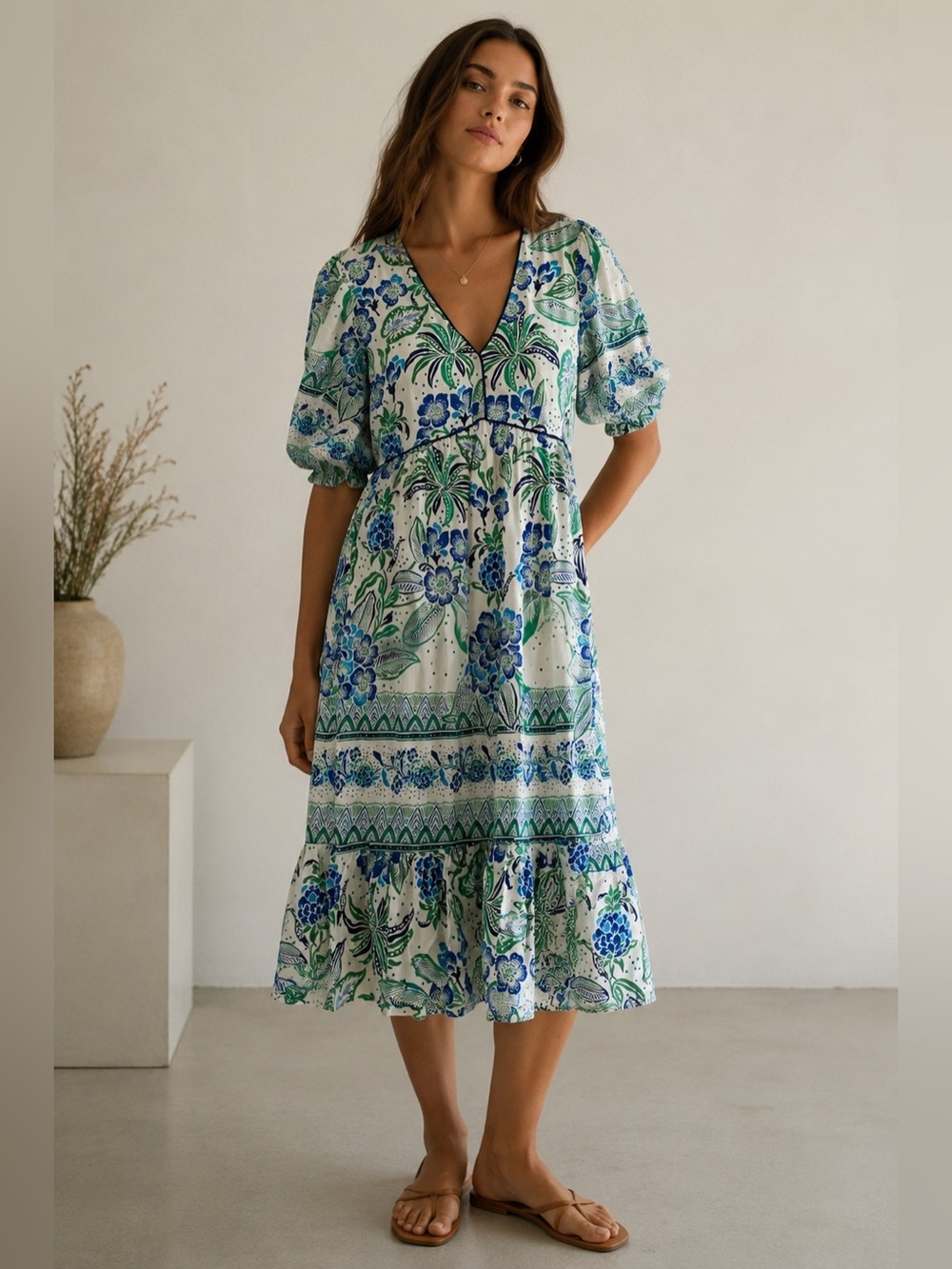 NWT Anthropologie Fig + Flower Linen Puff Sleeve Midi Dress, Size L